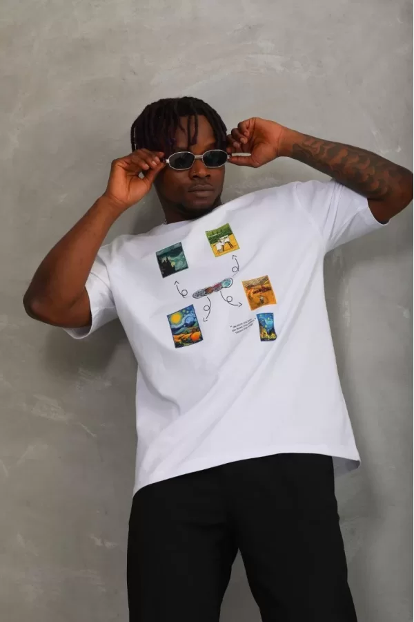 Luz&Pos Unisex Oversize Baskılı Bisiklet Yaka T-shirt - Beyaz