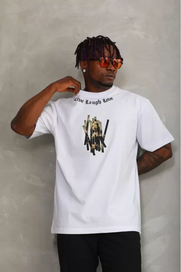 Luz&Pos Unisex Oversize Baskılı Bisiklet Yaka T-shirt - Beyaz