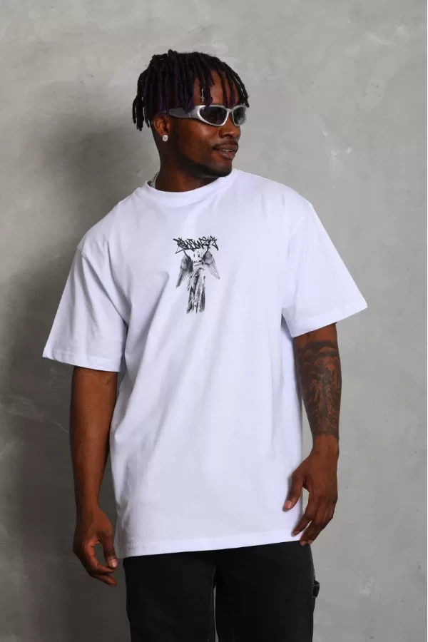 Luz&Pos Unisex Oversize Baskılı Bisiklet Yaka T-shirt - Beyaz