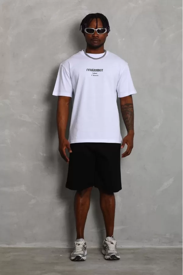 Luz&Pos Unisex Oversize Baskılı Bisiklet Yaka T-shirt - Beyaz
