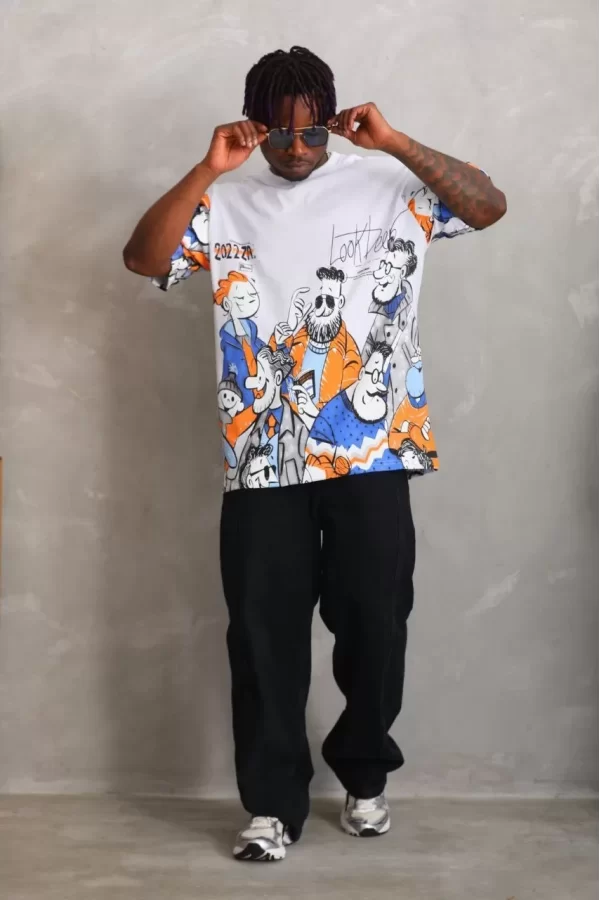 Luz&Pos Unisex Oversize Baskılı Bisiklet Yaka T-shirt - Beyaz