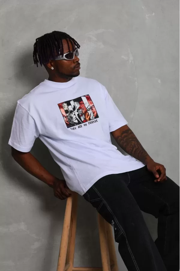 Luz&Pos Unisex Oversize Baskılı Bisiklet Yaka T-shirt - Beyaz