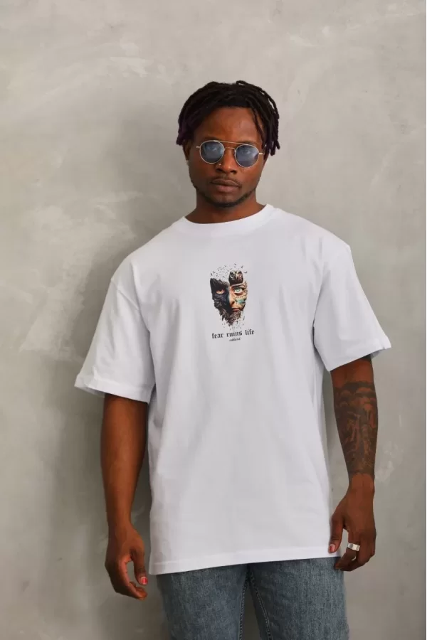 Luz&Pos Unisex Oversize Baskılı Bisiklet Yaka T-shirt - Beyaz