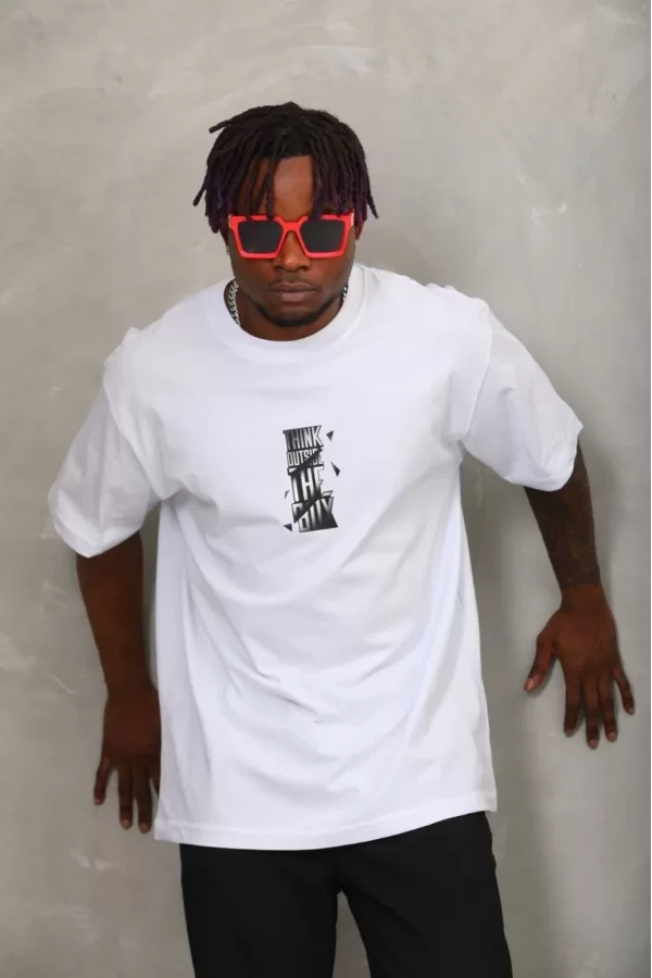 Luz&Pos Unisex Oversize Baskılı Bisiklet Yaka T-shirt - Beyaz