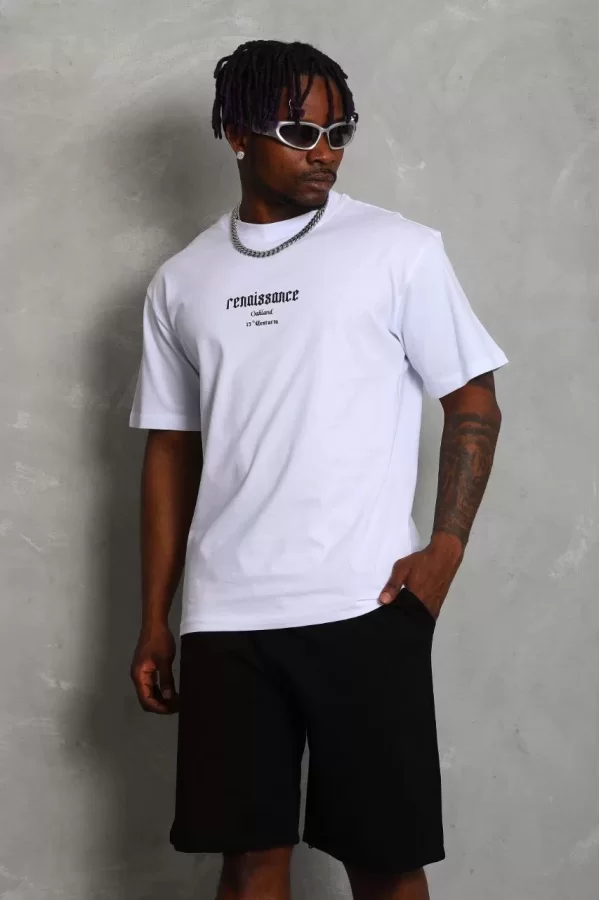 Luz&Pos Unisex Oversize Baskılı Bisiklet Yaka T-shirt - Beyaz