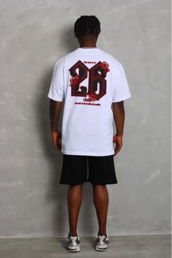 Unisex Oversize Baskılı Bisiklet Yaka T-Shirt - Beyaz