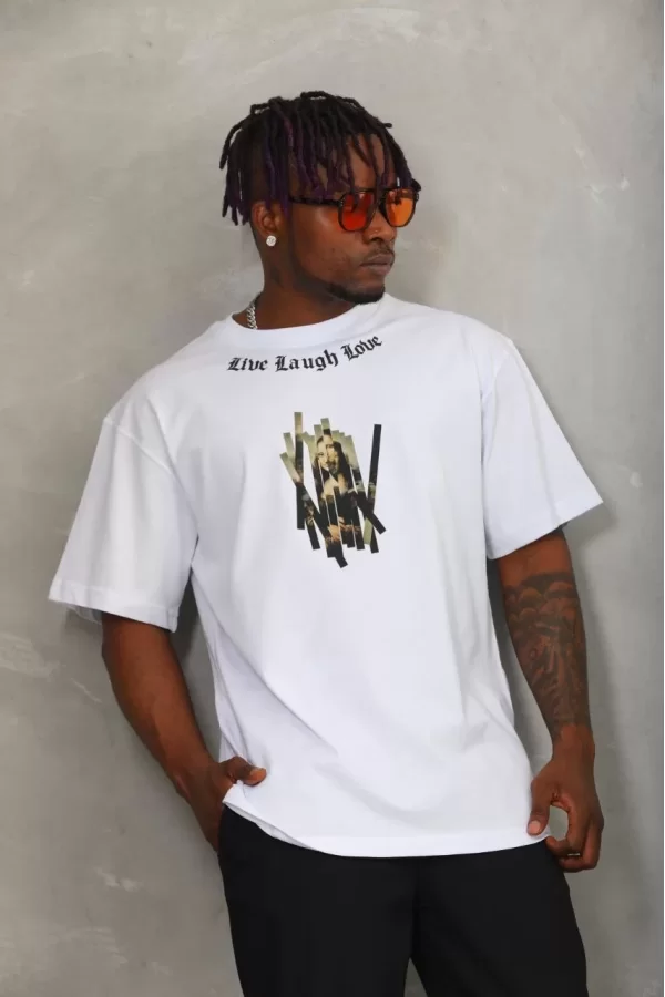 Luz&Pos Unisex Oversize Baskılı Bisiklet Yaka T-shirt - Beyaz