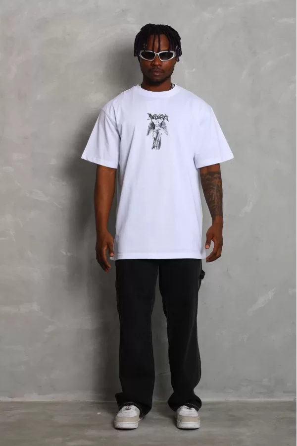 Luz&Pos Unisex Oversize Baskılı Bisiklet Yaka T-shirt - Beyaz