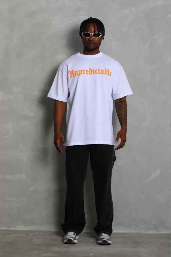 Luz&Pos Unisex Oversize Baskılı Bisiklet Yaka T-shirt - Beyaz