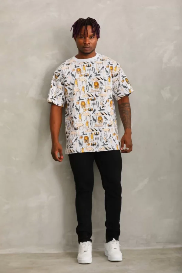 Luz&Pos Unisex Oversize Baskılı Bisiklet Yaka T-shirt - Beyaz