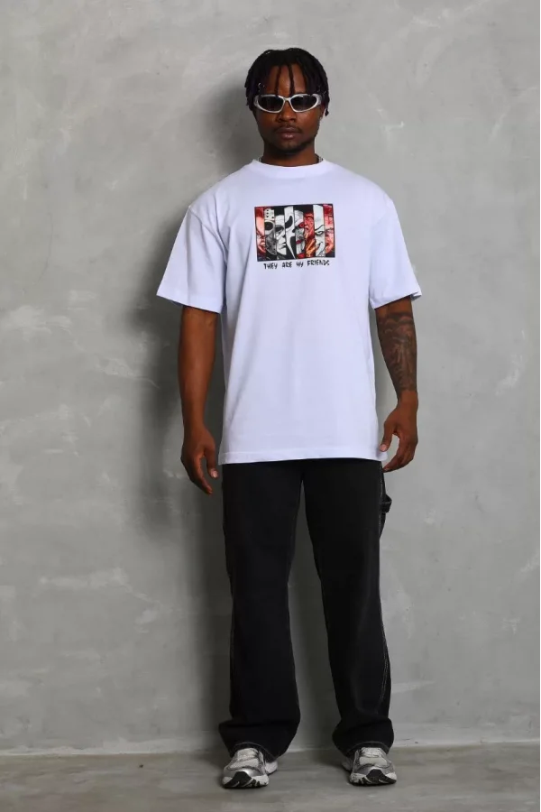 Luz&Pos Unisex Oversize Baskılı Bisiklet Yaka T-shirt - Beyaz