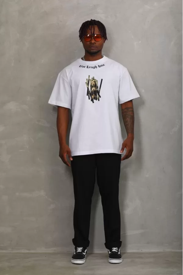 Luz&Pos Unisex Oversize Baskılı Bisiklet Yaka T-shirt - Beyaz