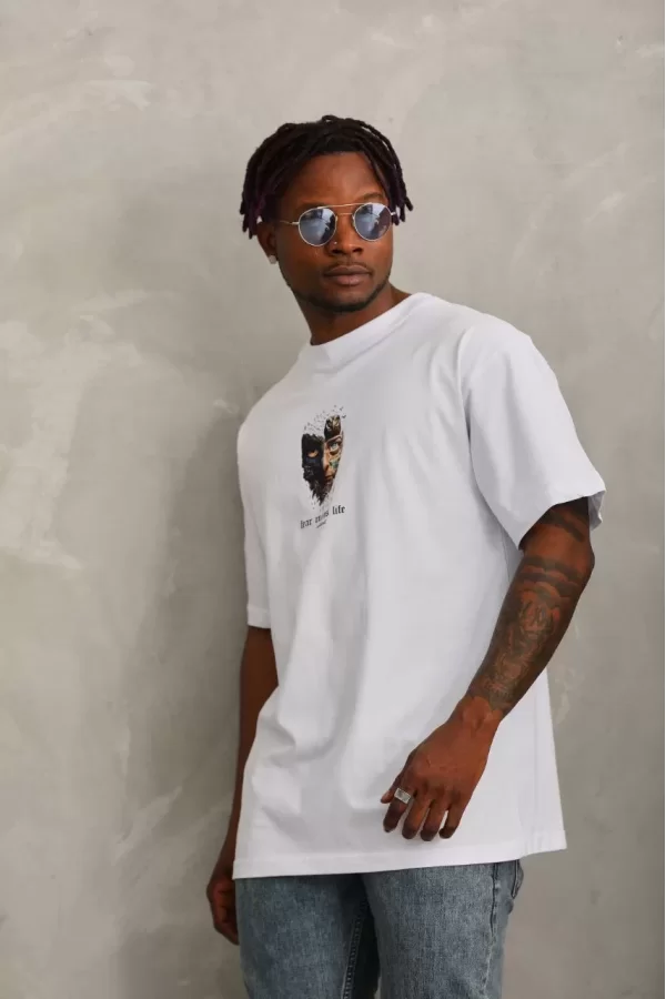 Luz&Pos Unisex Oversize Baskılı Bisiklet Yaka T-shirt - Beyaz