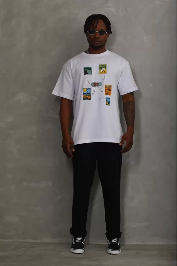 Luz&Pos Unisex Oversize Baskılı Bisiklet Yaka T-shirt - Beyaz