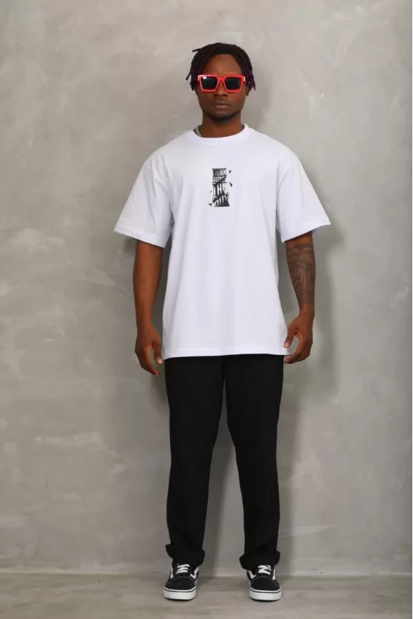 Luz&Pos Unisex Oversize Baskılı Bisiklet Yaka T-shirt - Beyaz