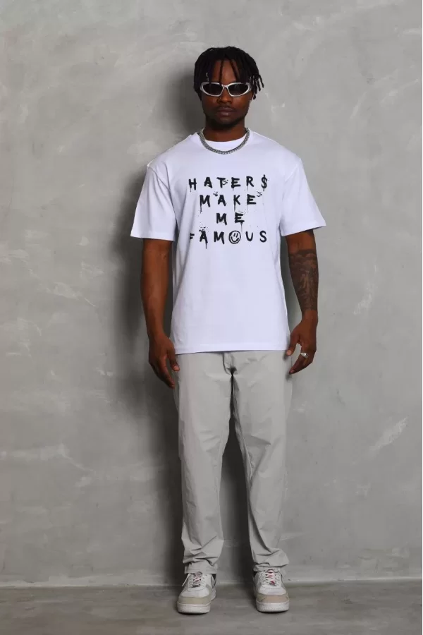 Luz&Pos Unisex Oversize Baskılı Bisiklet Yaka T-shirt - Beyaz