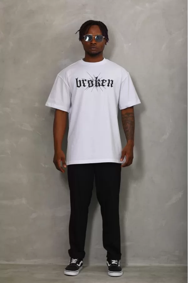 Luz&Pos Unisex Oversize Baskılı Bisiklet Yaka T-shirt - Beyaz