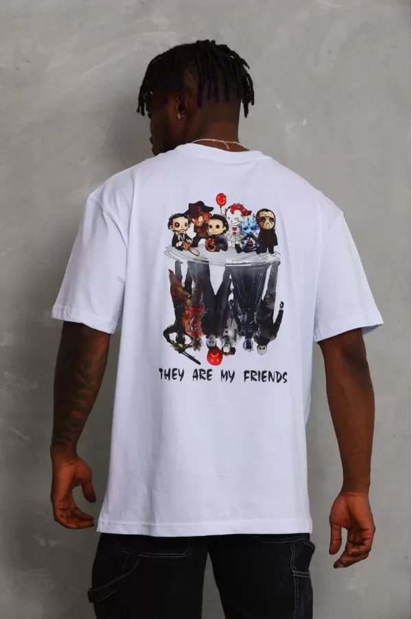 Luz&Pos Unisex Oversize Baskılı Bisiklet Yaka T-shirt - Beyaz