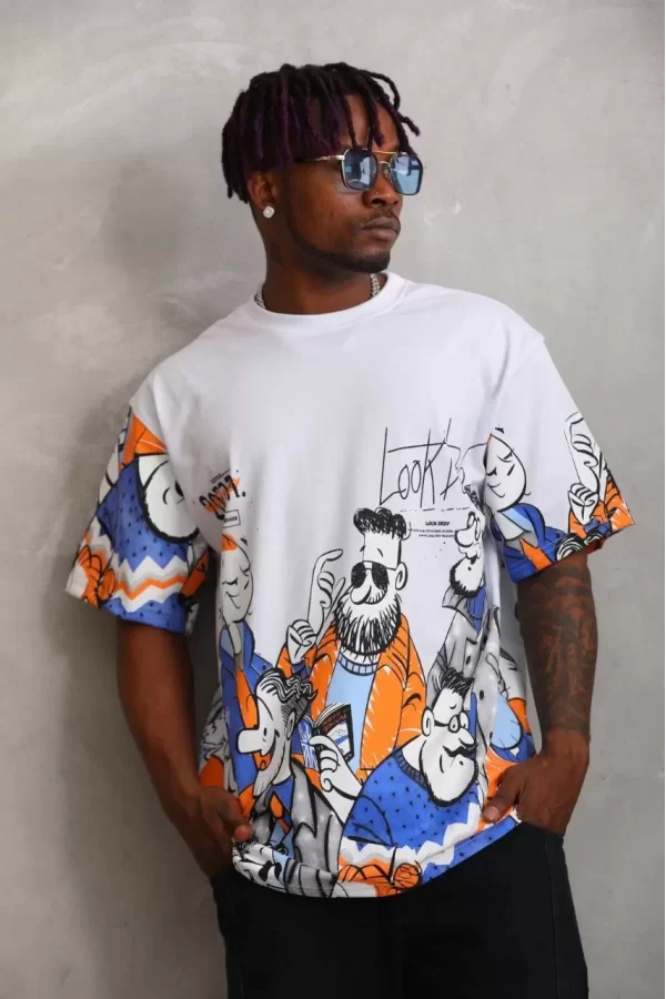 Luz&Pos Unisex Oversize Baskılı Bisiklet Yaka T-shirt - Beyaz