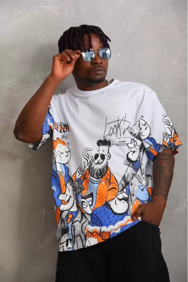 Luz&Pos Unisex Oversize Baskılı Bisiklet Yaka T-shirt - Beyaz
