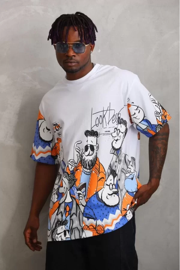 Luz&Pos Unisex Oversize Baskılı Bisiklet Yaka T-shirt - Beyaz