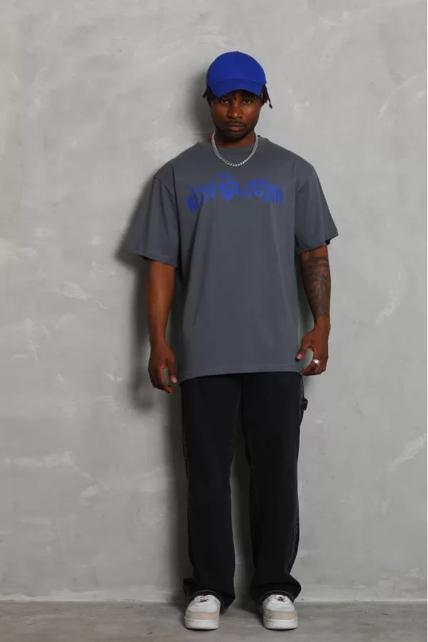 Luz&Pos Unisex Oversize Baskılı Bisiklet Yaka T-shirt - Füme