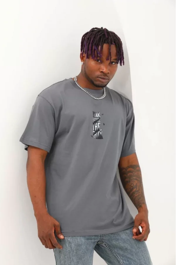 Luz&Pos Unisex Oversize Baskılı Bisiklet Yaka T-shirt - Füme