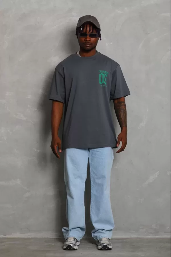 Luz&Pos Unisex Oversize Baskılı Bisiklet Yaka T-shirt - Füme