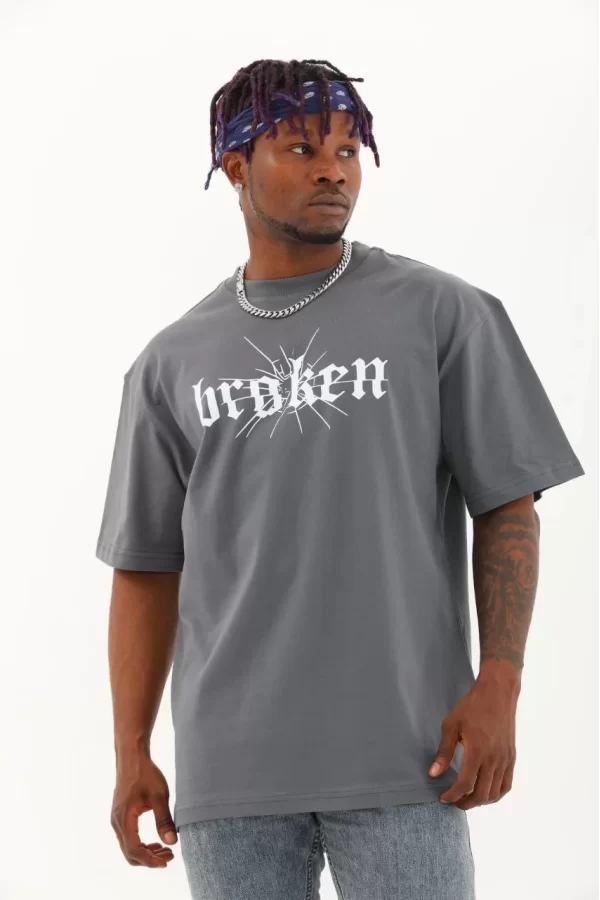 Luz&Pos Unisex Oversize Baskılı Bisiklet Yaka T-shirt - Füme
