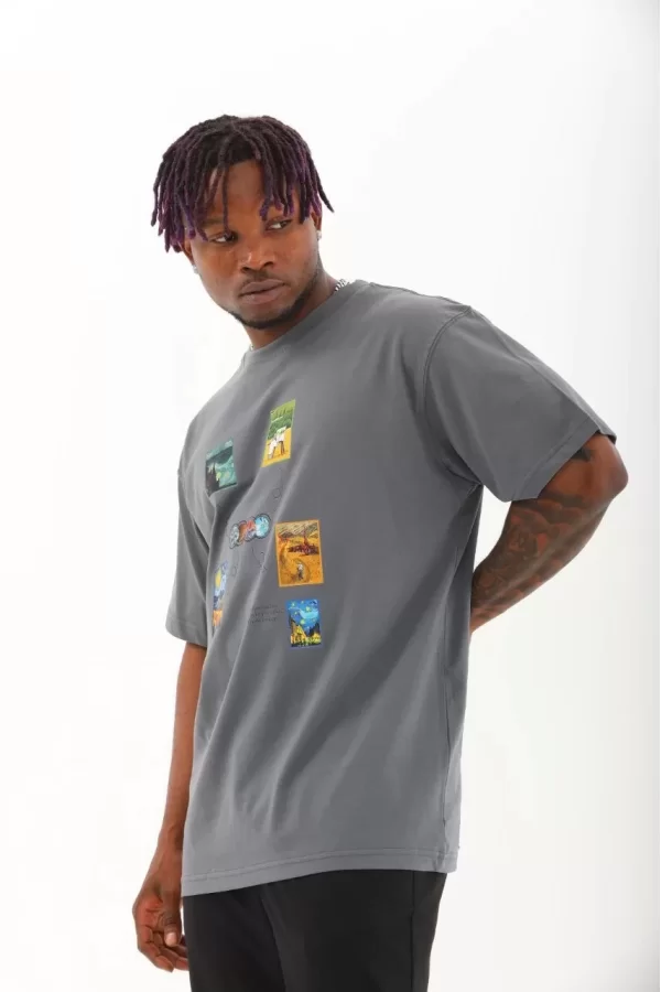 Luz&Pos Unisex Oversize Baskılı Bisiklet Yaka T-shirt - Füme