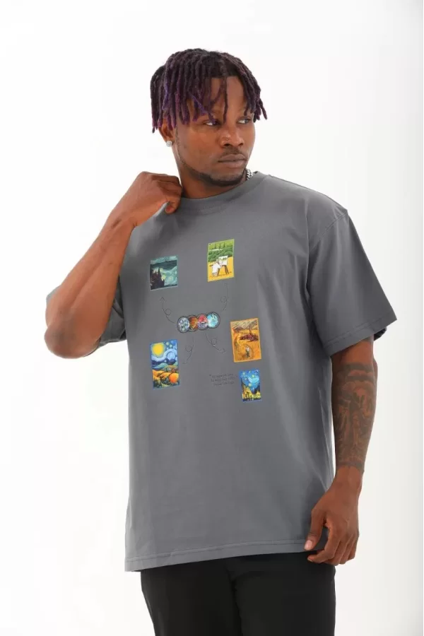 Luz&Pos Unisex Oversize Baskılı Bisiklet Yaka T-shirt - Füme