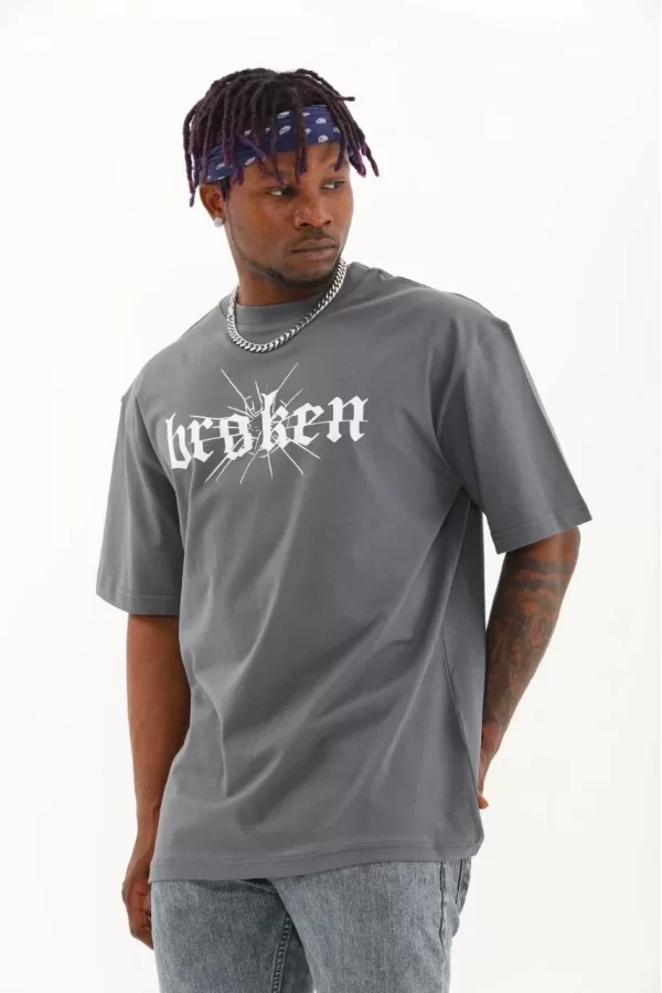 Luz&Pos Unisex Oversize Baskılı Bisiklet Yaka T-shirt - Füme