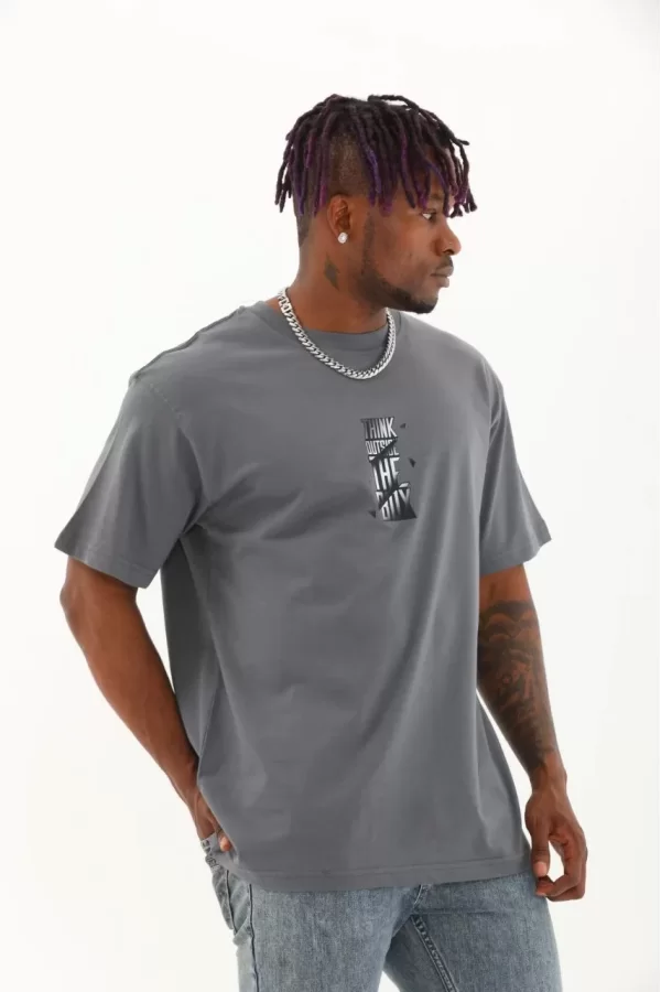 Luz&Pos Unisex Oversize Baskılı Bisiklet Yaka T-shirt - Füme