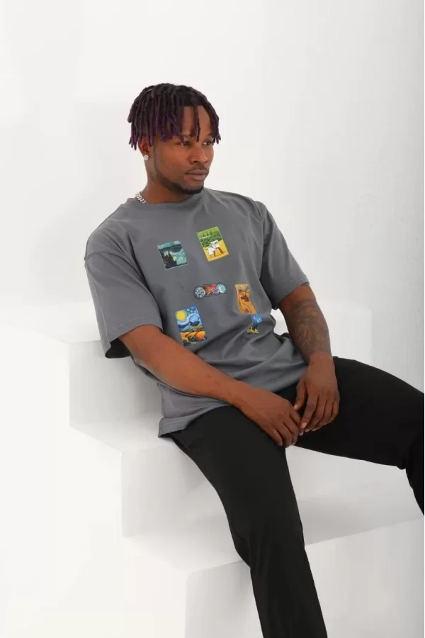 Luz&Pos Unisex Oversize Baskılı Bisiklet Yaka T-shirt - Füme