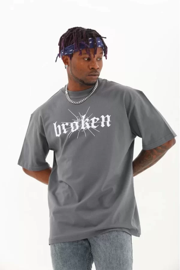 Luz&Pos Unisex Oversize Baskılı Bisiklet Yaka T-shirt - Füme