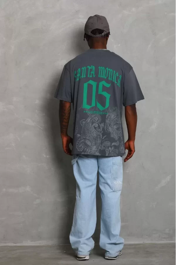 Luz&Pos Unisex Oversize Baskılı Bisiklet Yaka T-shirt - Füme