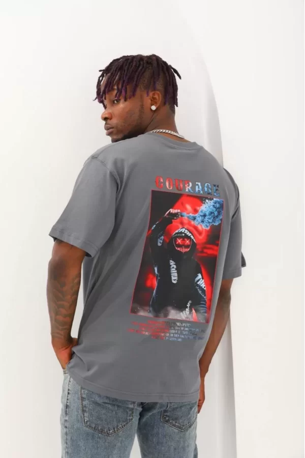 Luz&Pos Unisex Oversize Baskılı Bisiklet Yaka T-shirt - Füme