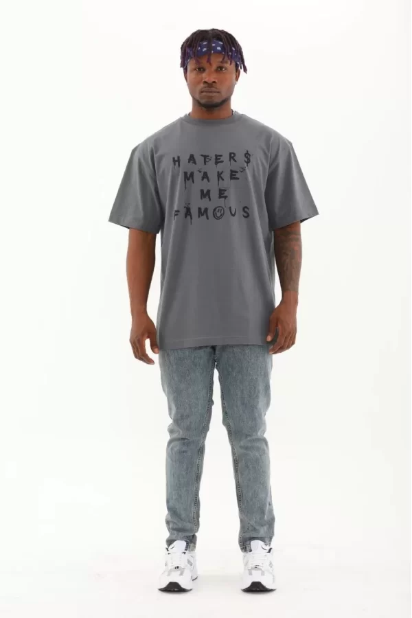 Luz&Pos Unisex Oversize Baskılı Bisiklet Yaka T-shirt - Füme