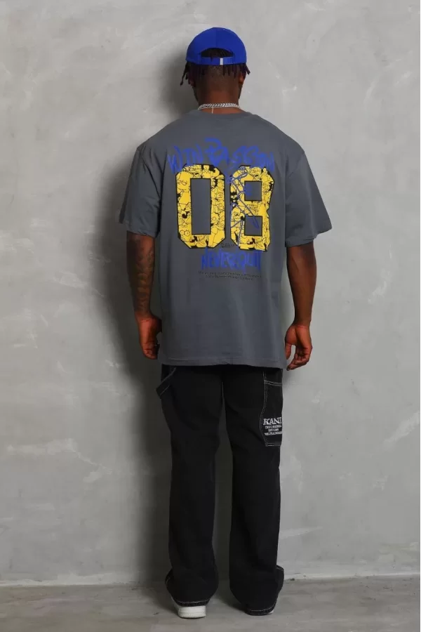 Luz&Pos Unisex Oversize Baskılı Bisiklet Yaka T-shirt - Füme