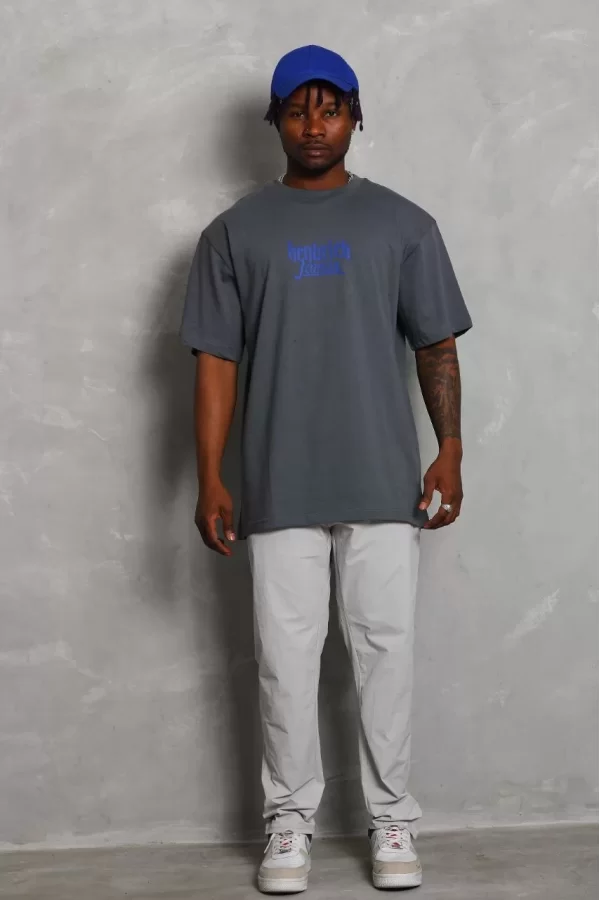 Luz&Pos Unisex Oversize Baskılı Bisiklet Yaka T-shirt - Füme
