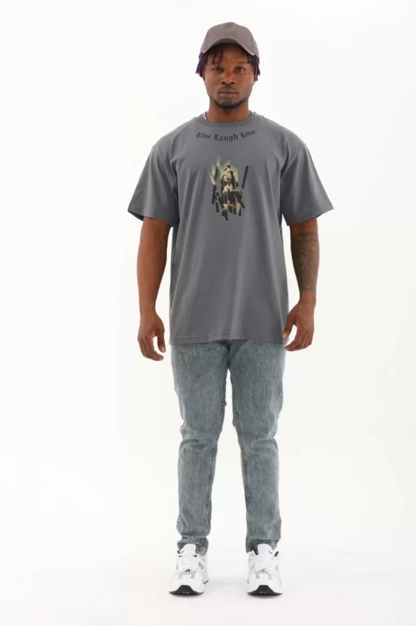 Luz&Pos Unisex Oversize Baskılı Bisiklet Yaka T-shirt - Füme