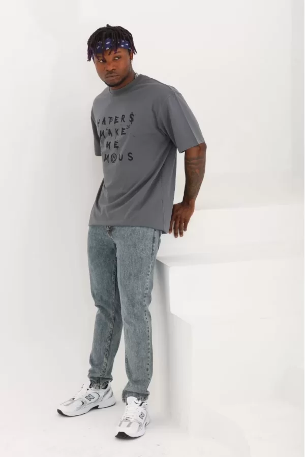 Luz&Pos Unisex Oversize Baskılı Bisiklet Yaka T-shirt - Füme