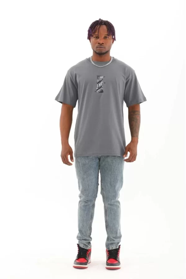 Luz&Pos Unisex Oversize Baskılı Bisiklet Yaka T-shirt - Füme