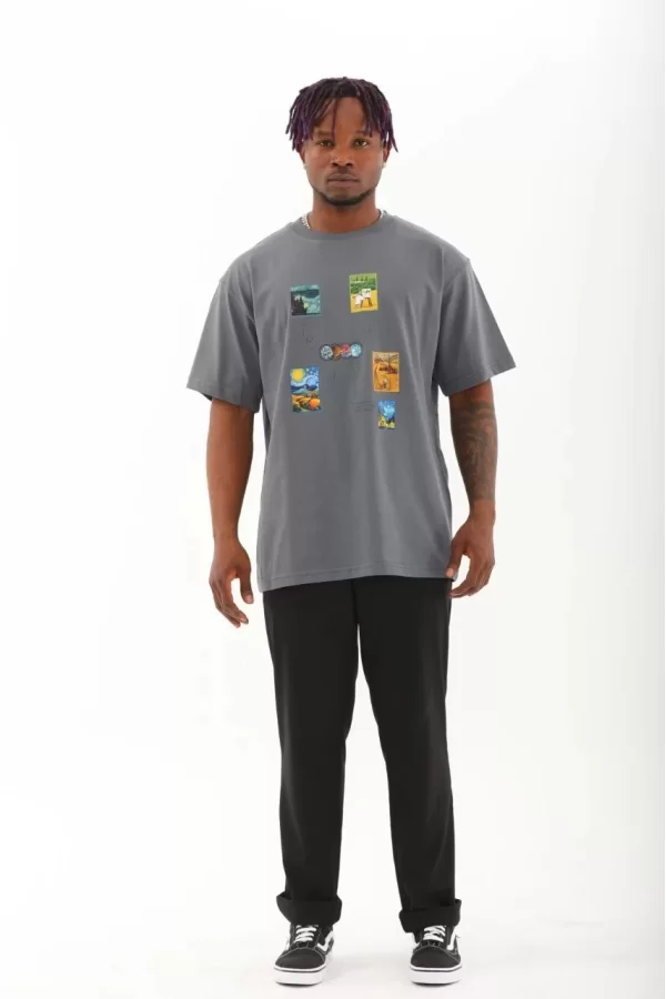 Luz&Pos Unisex Oversize Baskılı Bisiklet Yaka T-shirt - Füme