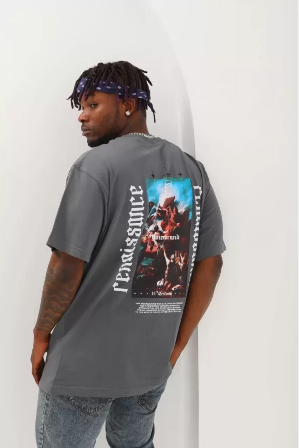 Luz&Pos Unisex Oversize Baskılı Bisiklet Yaka T-shirt - Füme
