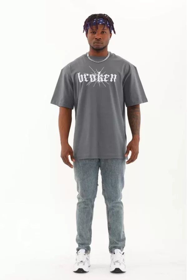 Luz&Pos Unisex Oversize Baskılı Bisiklet Yaka T-shirt - Füme