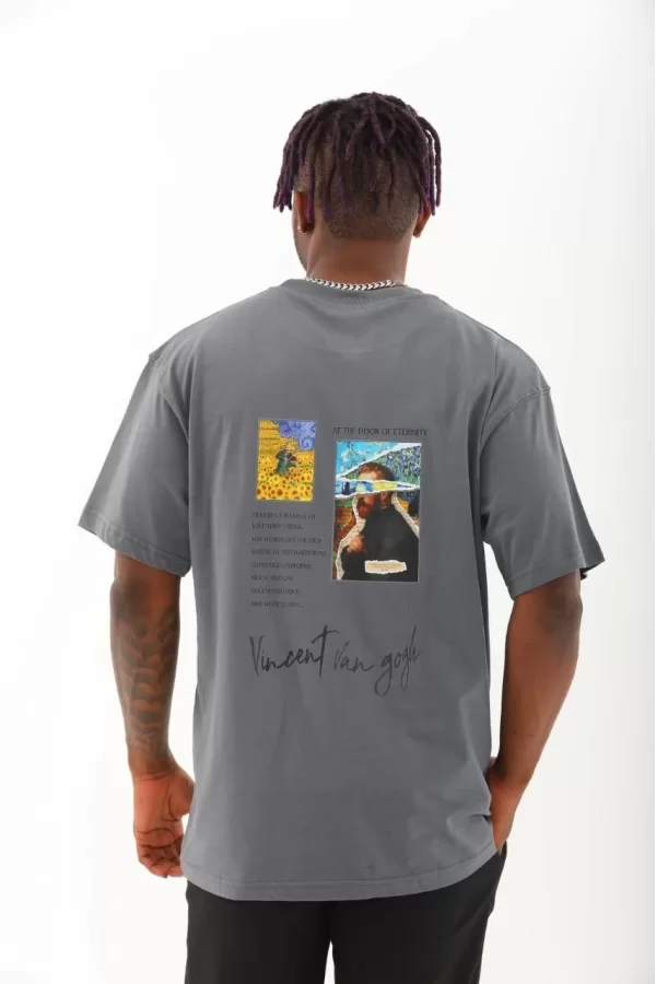 Luz&Pos Unisex Oversize Baskılı Bisiklet Yaka T-shirt - Füme