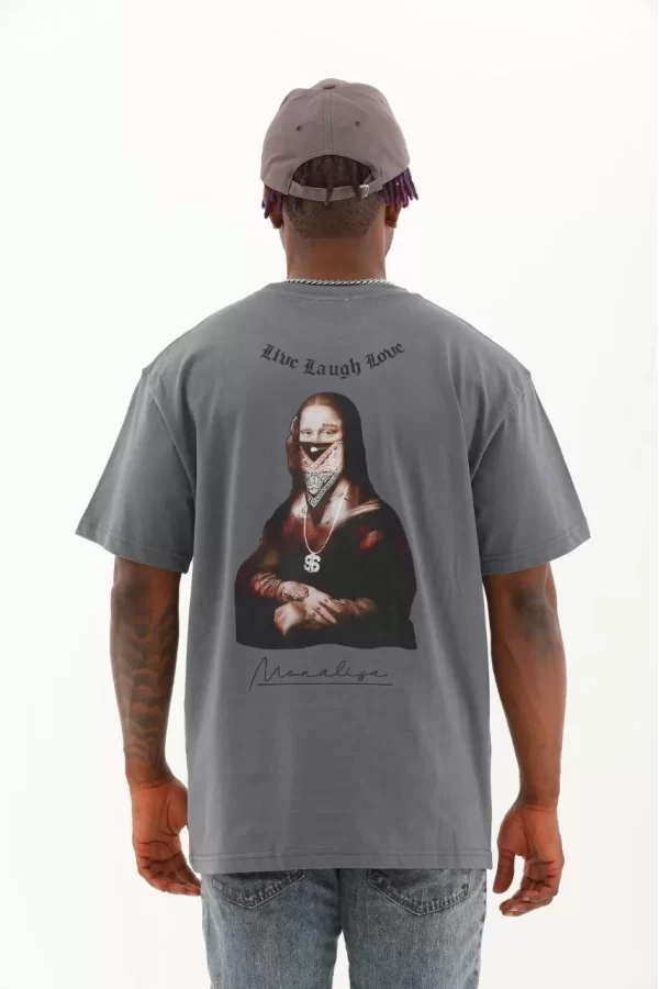 Luz&Pos Unisex Oversize Baskılı Bisiklet Yaka T-shirt - Füme