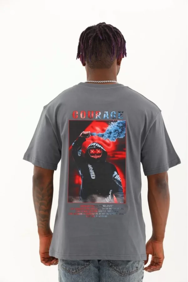 Luz&Pos Unisex Oversize Baskılı Bisiklet Yaka T-shirt - Füme