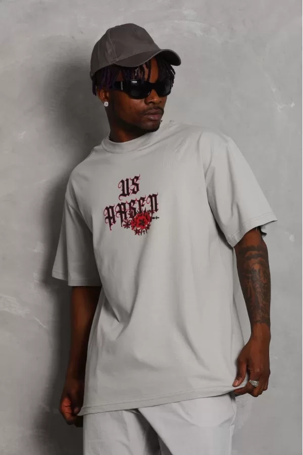 Luz&Pos Unisex Oversize Baskılı Bisiklet Yaka T-shirt - Gri